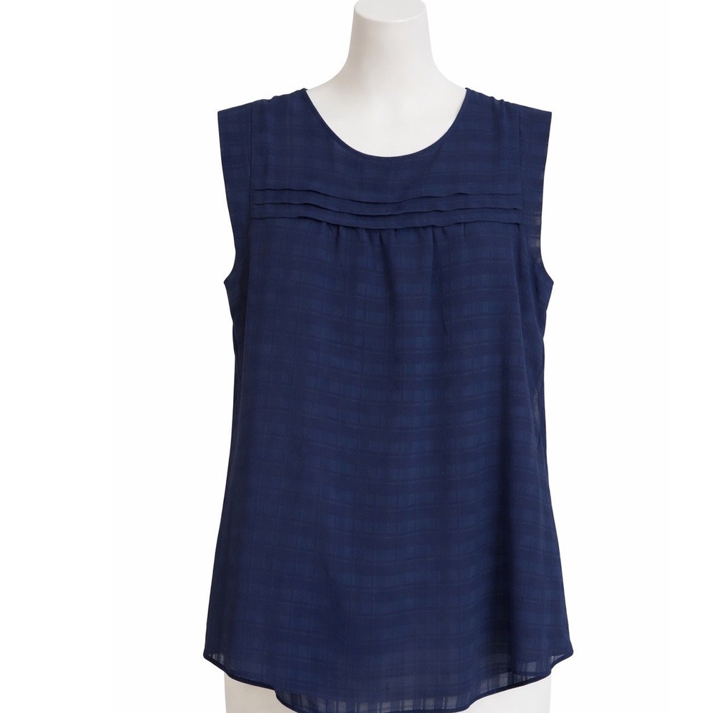 LOFT Womens Navy Blue Tonal Plaid Tiered Ruffle Sleeveless Blouse L Lined Top